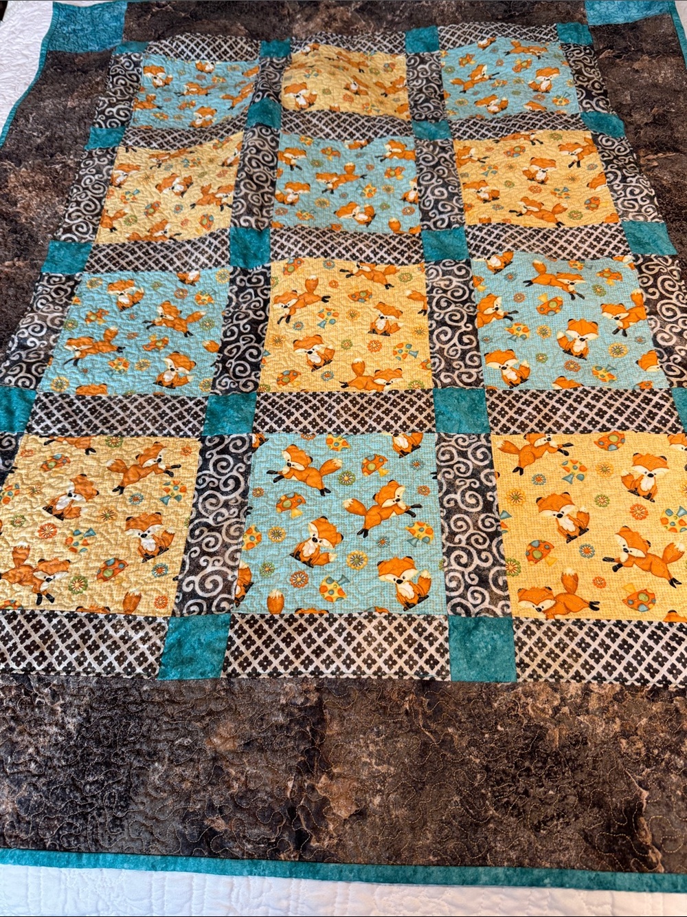 Handmade Fox Patchwork Quilt - Turquoise, Yellow, Brown